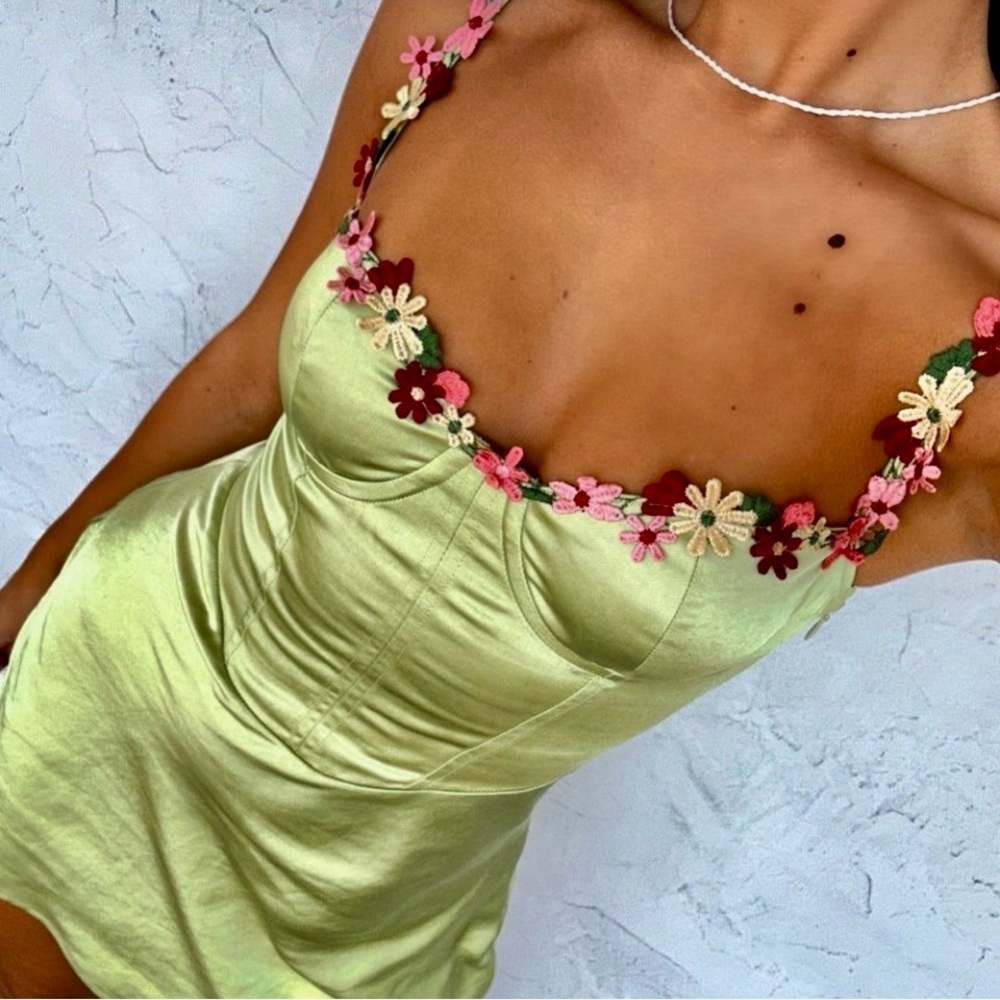 White Fox Green Satin & Embroidered Dress
